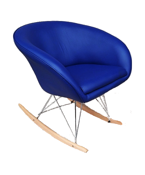 Мягкое кресло-качалка МУРАТ R синего цвета, обивка экокожа, фурнитура хром, полозья из дерева