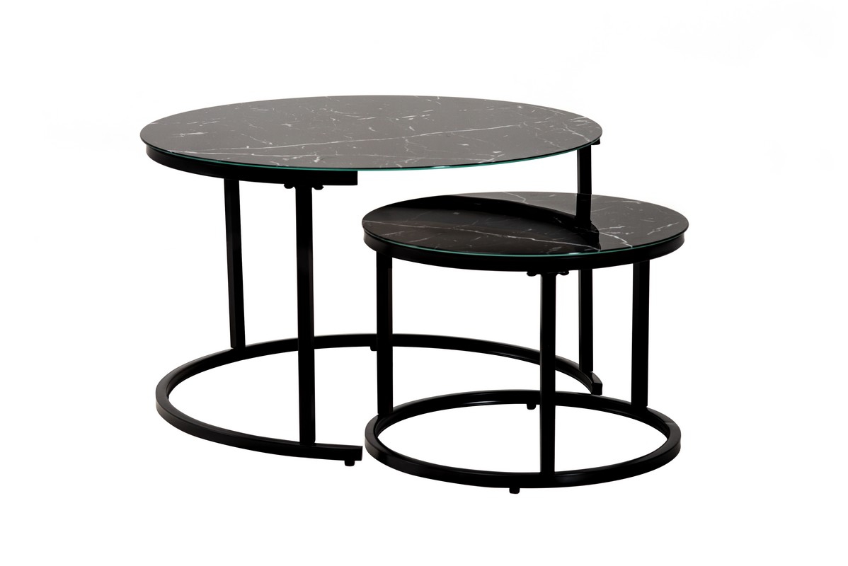 Кофейные столики круглой формы (комплект) на металлической основе, столешница - закаленное стекло черный мрамор, модель CS-25 (black)