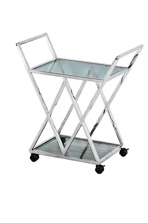 Сервировочный кофейный столик прозрачный стеклянный, на колесиках, каркас - хромированный металл, модель К-01