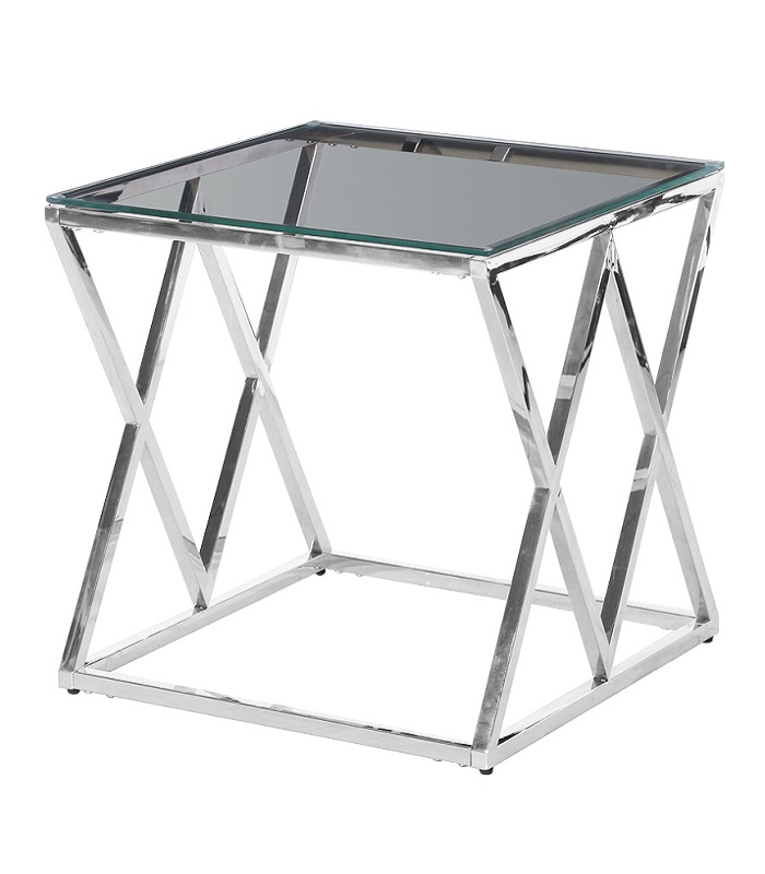 Кофейный прозрачный столик с прозрачной стеклянной столешницей 55х55 см на икс-образной металлической основе, модель CD-2 серебро