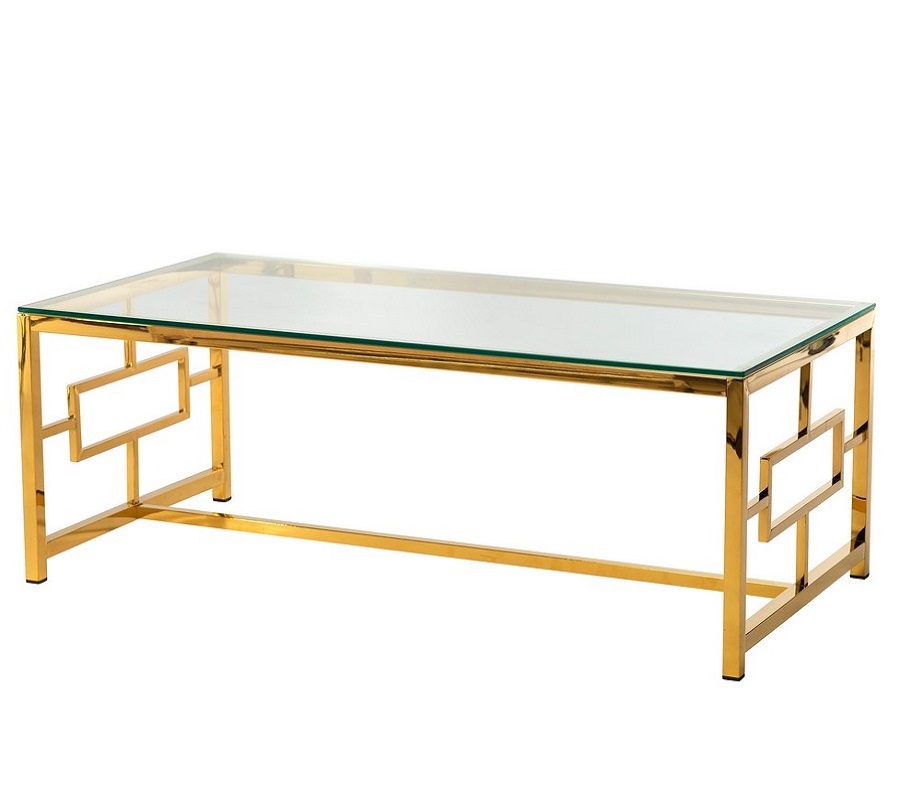 Низкий журнальный столик 120х60 с прозрачной стеклянной столешницей металлический каркас, модель CL-1 золото