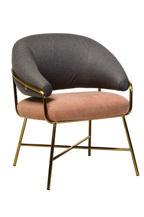 Мягкое кресло АДЕЛЬ на каркасе из металла (хромированная сталь, золотая матовая), цвет обивки - серый / розовый, вельвет