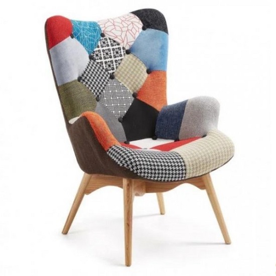 Кресло в мягкой обивке ФЛОРИНО / Florino с деревянными ножками, цвета в наличии - голубой, коричневый, лоскутное шитье (пэчворк)
