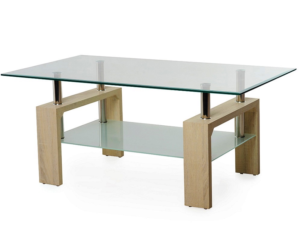 Прямоугольный журнальный столик 110х60 с прозрачной стеклянной столешницей на деревянных ножках (цвета венге / белый дуб), модель С-107-2