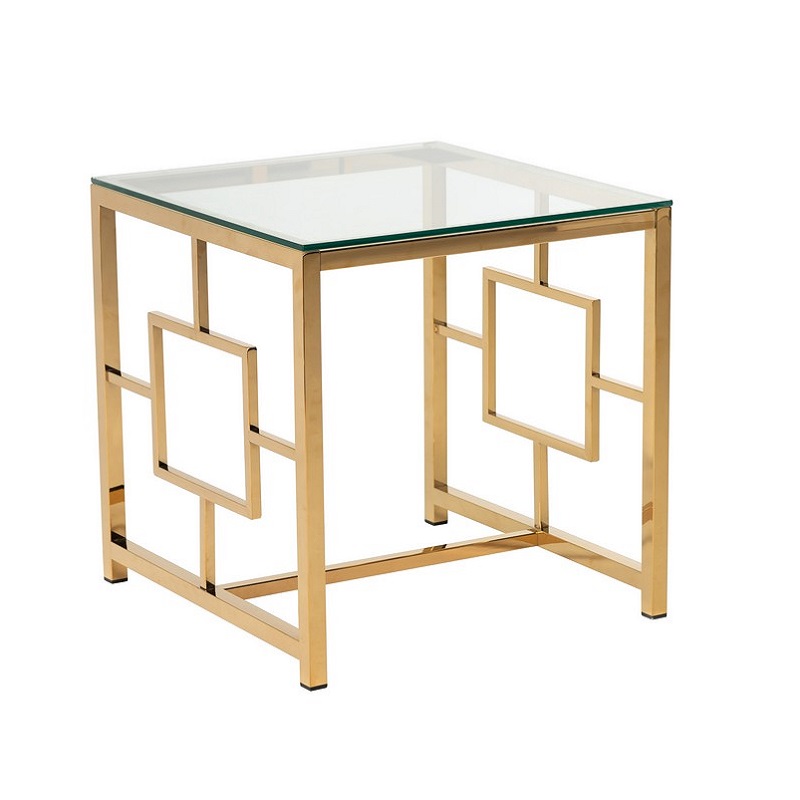 Прозрачный журнальный столик с металлическим каркасом в золотом цвете, квадратная стеклянная столешница 55х55 см, модель CL-2 gold