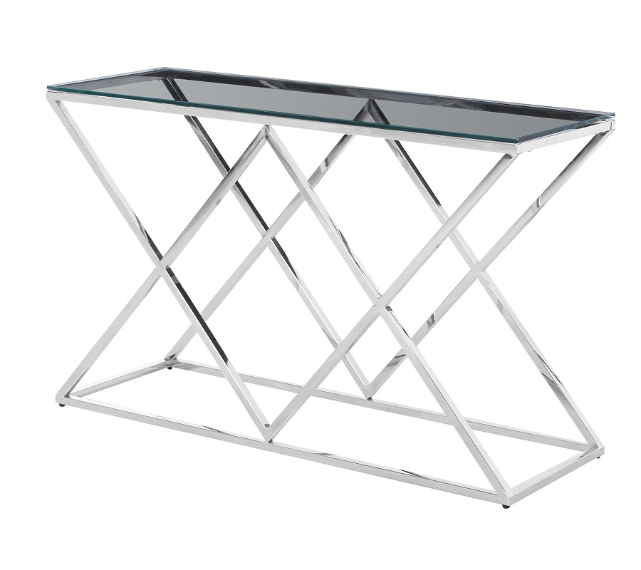 Высокий столик (консоль) со стеклянной столешницей на икс-образной опоре из хромированной стали, прямоугольный 120х40, модель CD-3
