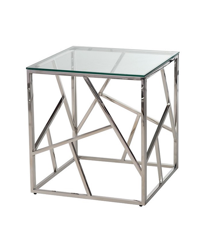 Прозрачный журнальный столик на стальном хромированном каркасе, квадратная стеклянная столешница 55х55 см, модель CF-2 серебро
