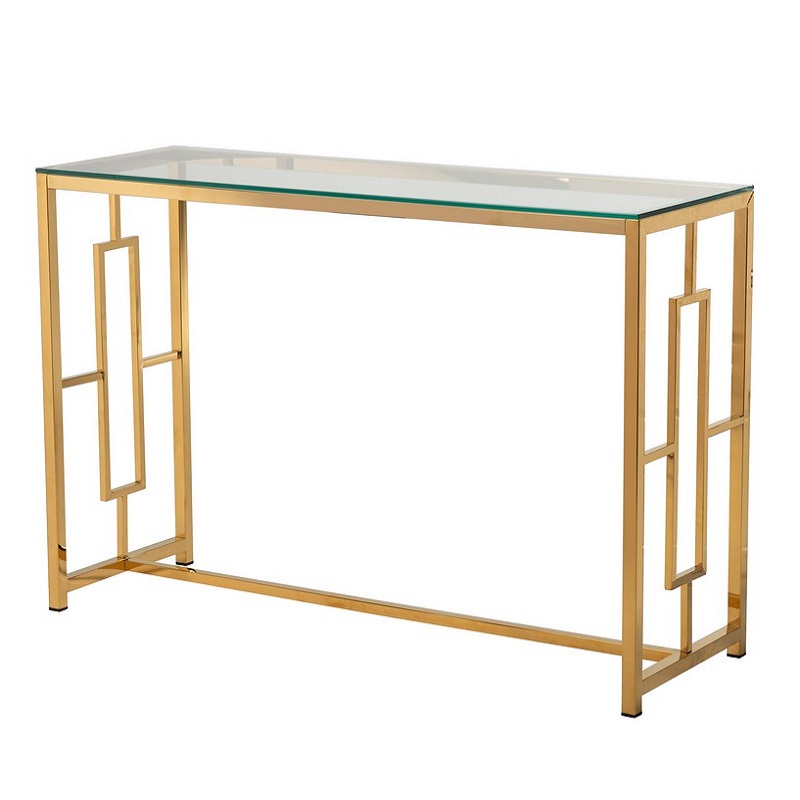 Высокий стеклянный стол прямоугольной формы на хромированном стальном каркасе золотого цвета (консоль), модель CL-3